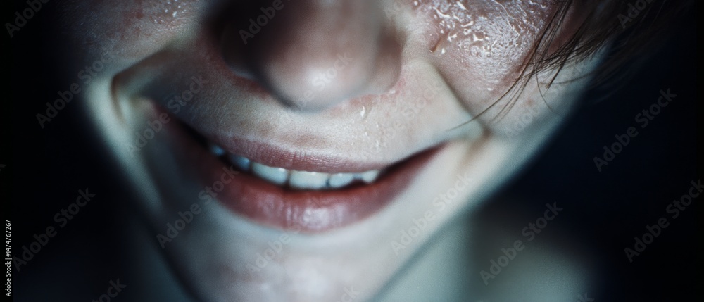 Obraz premium A close-up of a smiling face, with beads of sweat, captures a moment of intense emotion and warmth, framed in a soft focus.