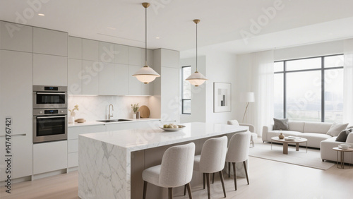Elegant open concept kitchen and living space with a white marble island and contemporary design. Ideal for modern home interiors and stylish living spaces.

