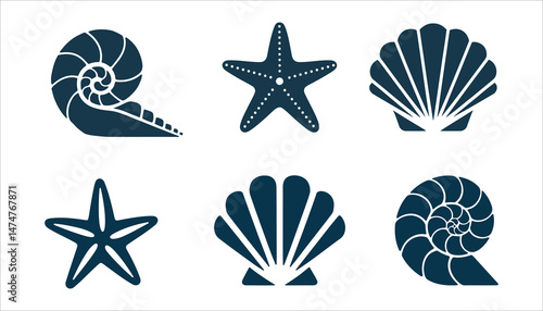 Marine Life Vector Set of Shell, Starfish, and Seashell Icons