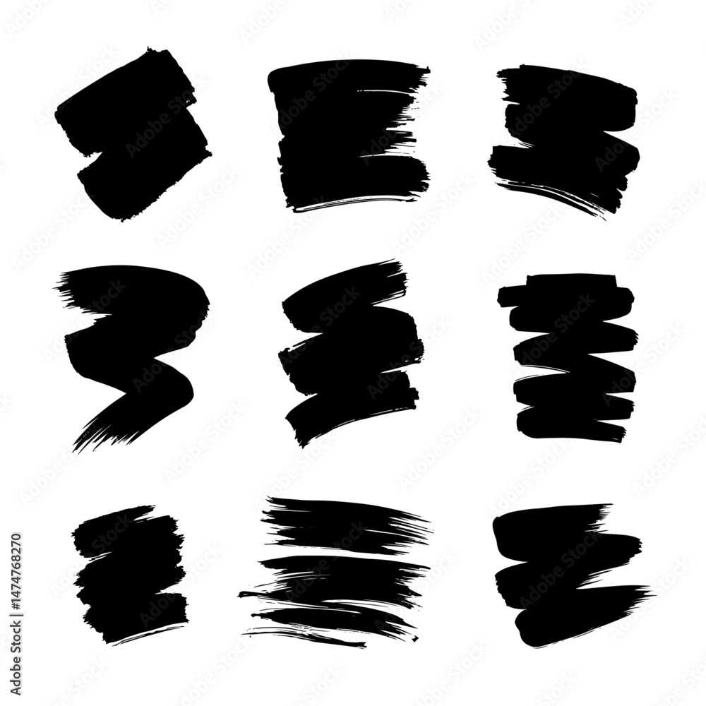A collection of modern grungy paint brush strokes is presented, featuring calligraphy with straight smears, stamp, and lines, all hand drawn in ink and isolated on a white background with modern