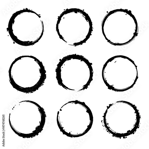 Black ink brush strokes in circles, grunge texture vector set isolated on a white background. Hand drawn circular shapes with round textures and stripes