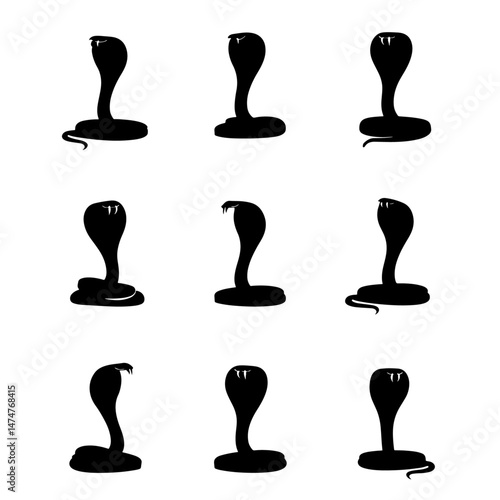 Black silhouette snake icon set. Isolated snake symbol on white background. Abstract snake sign