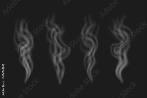 Vector realistic set of translucent flowing smoke effects isolated on dark background