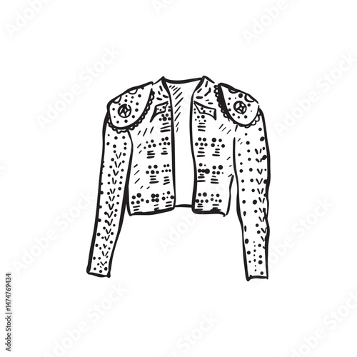 A matador outfit decorated with beads. Black and white line drawing.