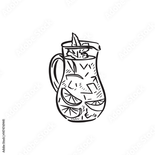 A glass jug containing a drink. Such as sangria, mojito or Pimms. 