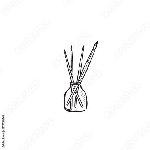 A glass cup with paint brushes in. Hand drawn in black. 