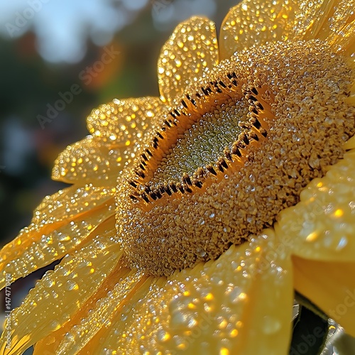 Close-up of a sunflower with dew drops