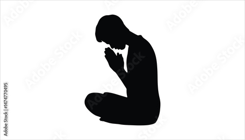 Silhouette of Man Praying in Meditation Pose Vector Illustration.