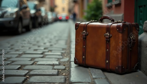 Fototapeta Naklejka Na Ścianę i Meble -  A well-worn vintage suitcase sits on a cobblestone street, ready for adventure , italy, transportation, antique