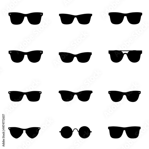 Sunglass icon set silhouette vector on white background. Sunglasses icons collection. Set of different sunglasses both in filled and outline style.