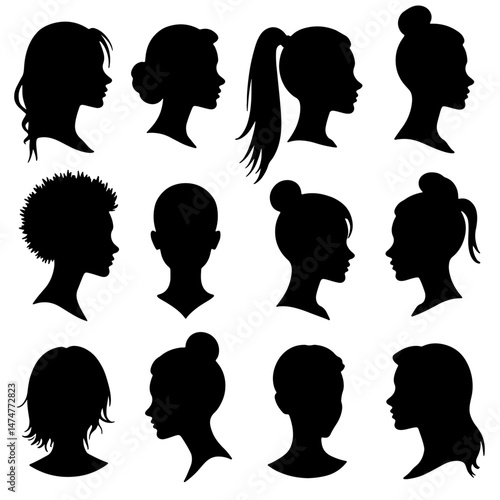Set of female cameo silhouette head and body. Stylish women face and hair silhouette shape with black and white collection. Artistic art drawing of a woman’s face icon