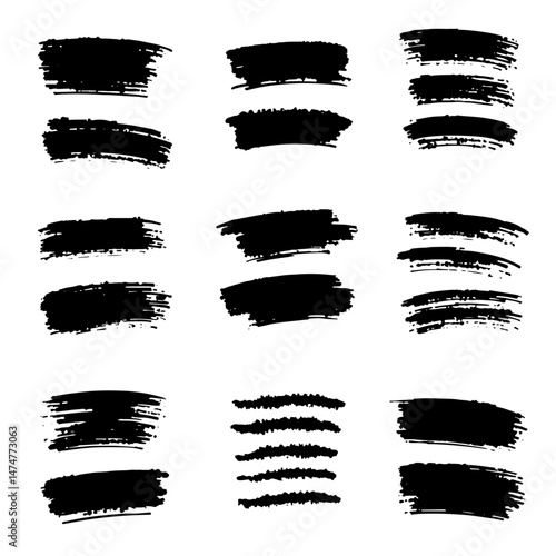 A collection of modern grungy paint brush strokes is presented, featuring calligraphy with straight smears, stamp, and lines, all hand drawn in ink and isolated on a white background with modern