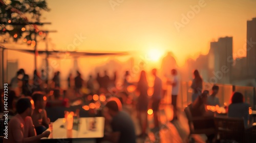 Rooftop party blur city background of blurry sunrise or happy golden hour sunset evening with heatwave