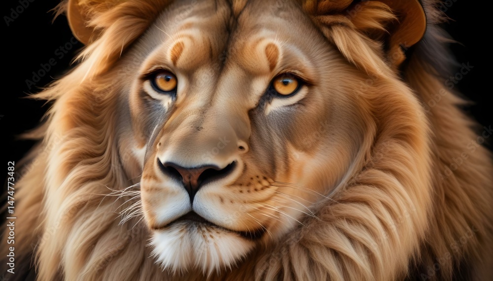 Naklejka premium An up-close portrait of a lion, showcasing its detailed fur and piercing golden eyes.