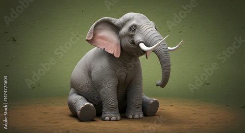 Elephant Sitting Down with Tusks in Studio Setting