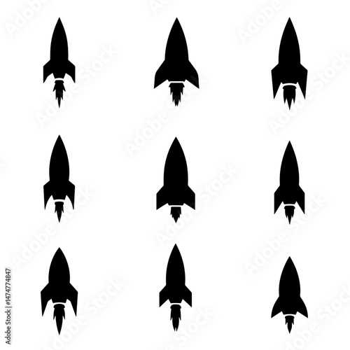 Collection of various black and white rocket ships space satellites and an astronaut icon isolated against a white background