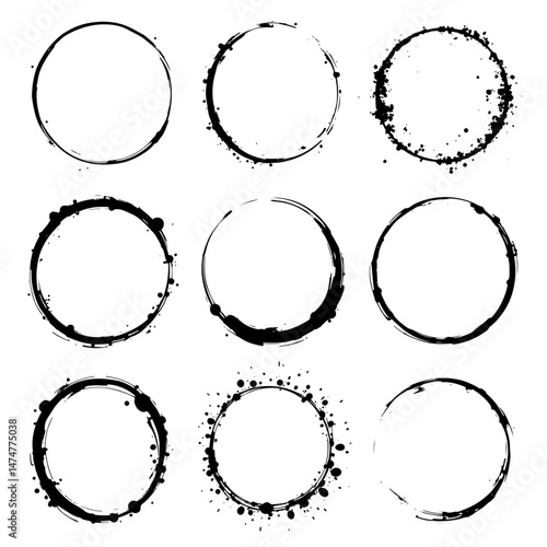 Oval and circle sketch shape, round charcoal marker, ink paint brush, grunge organic blob, irregular stain, black stroke spot isolated on white background.