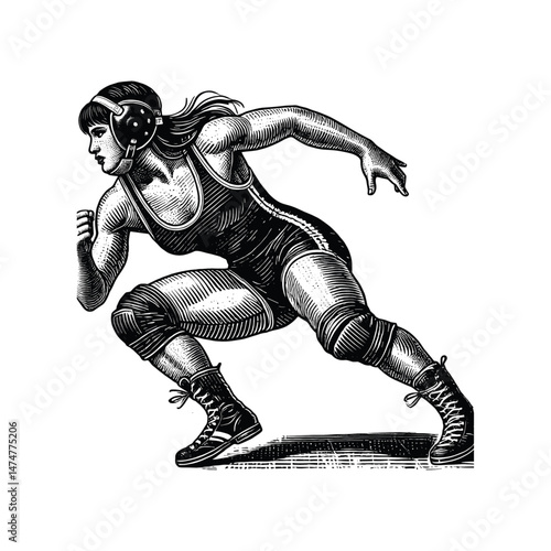 Vintage Ink Illustration of a Female Wrestler in Action, drawn in an engraved, woodcut style with fine details sketch engraving vector illustration. Scratch board imitation. Black and white image. 