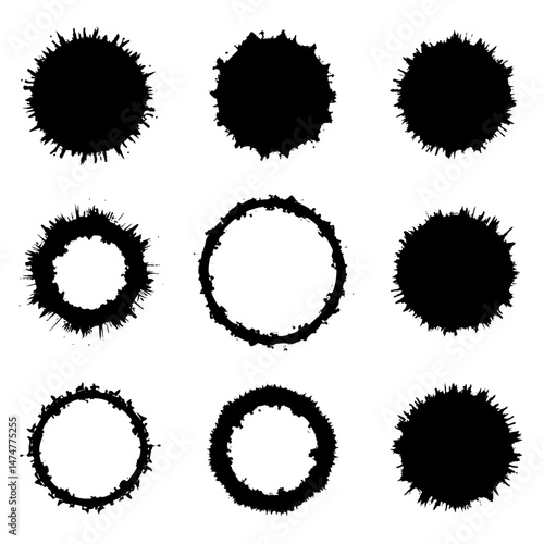 Black ink brush strokes in circles, grunge texture vector set isolated on a white background. Hand drawn circular shapes with round textures and stripes