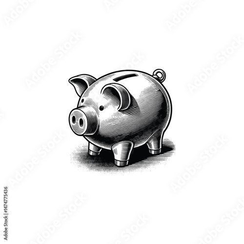 Vintage Ink Illustration of a Piggy Bank, drawn in an engraved, woodcut style with fine details sketch engraving vector illustration. Scratch board imitation. Black and white image. flat vector design