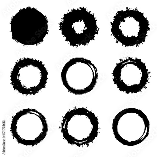Black ink brush strokes in circles, grunge texture vector set isolated on a white background. Hand drawn circular shapes with round textures and stripes