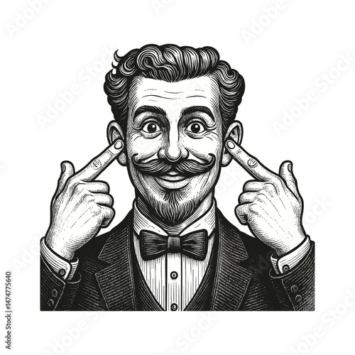 Vintage Ink Illustration of a Man with Mustache Pointing to His Smile, drawn in an engraved, woodcut style with fine details sketch engraving vector illustration. Scratch board imitation. 