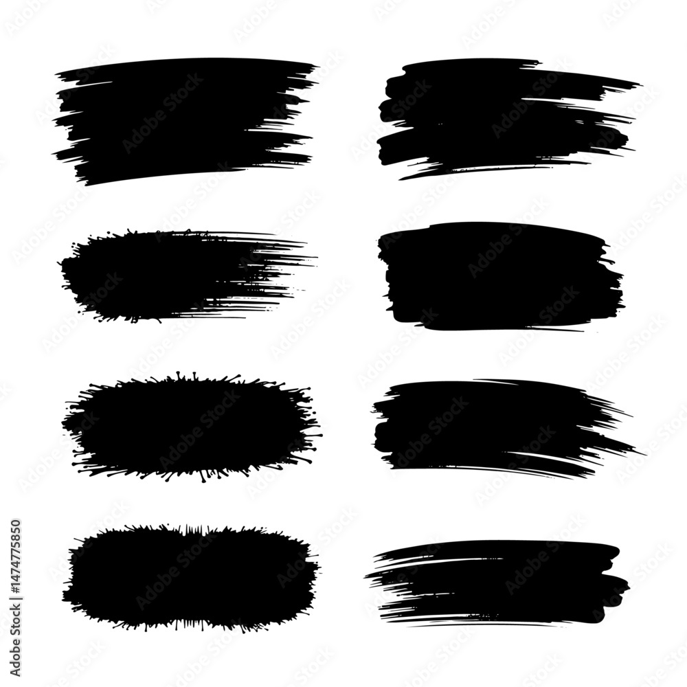 A collection of modern grungy paint brush strokes is presented, featuring calligraphy with straight smears, stamp, and lines, all hand drawn in ink and isolated on a white background with modern