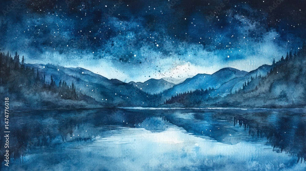 Fototapeta premium Serene night landscape reflecting mountains and starry sky over a tranquil lake in the wilderness