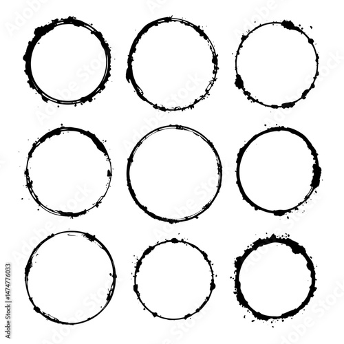 Oval and circle sketch shape, round charcoal marker, ink paint brush, grunge organic blob, irregular stain, black stroke spot isolated on white background.
