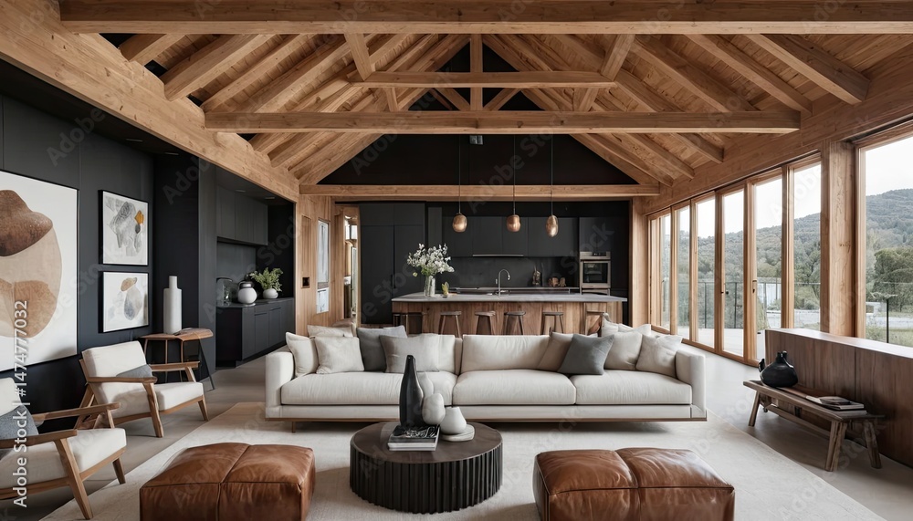 Fototapeta premium Modern Mountain Home Interior Design: Luxurious Living Space with Exposed Wooden Beams and Panoramic Views