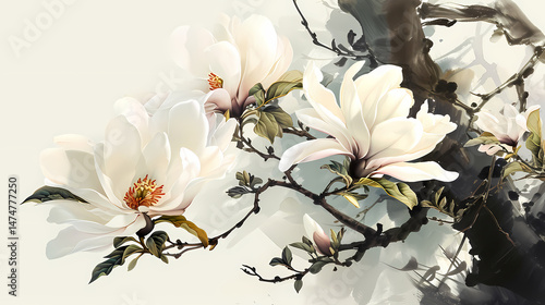 Fototapeta Naklejka Na Ścianę i Meble -  magnolia traditional ink painting illustration abstract background decorative painting
