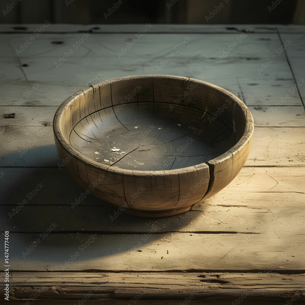 Fototapeta premium A worn antique wooden bowl adorned with sc