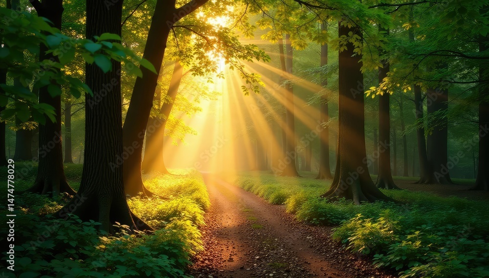 Obraz premium Golden hour sunlight streams through leaves, illuminating a forest path , woodland, botanical