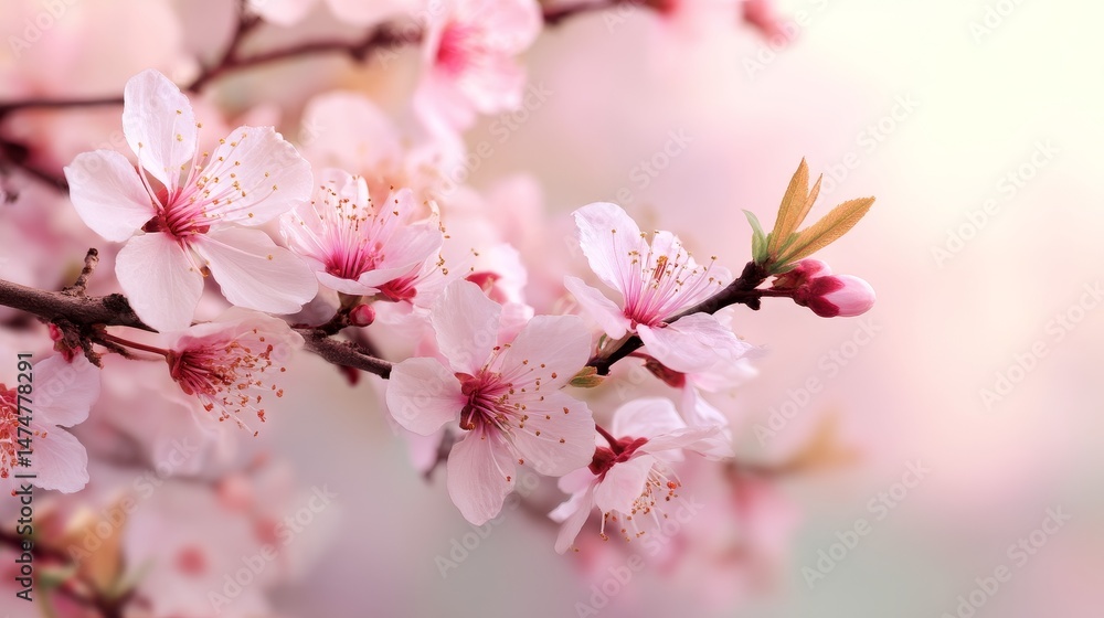 Fototapeta premium Spring border or background art with pink blossom. Beautiful nature scene with blooming tree and sunny