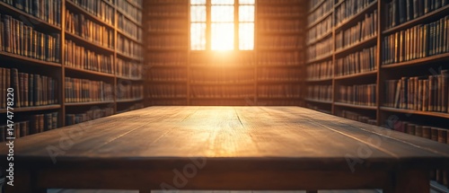 Wallpaper Mural Library interior with old books, empty table, sunlight Torontodigital.ca