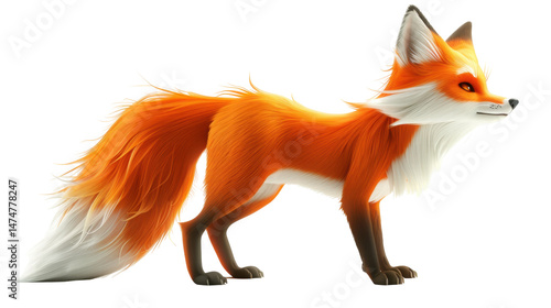 Vibrant fox with bushy tail and bright orange fur standing alert