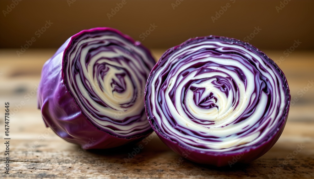 Fototapeta premium a still life arrangement of two rolled up purple cabbage leaves with a creamy swirl pattern placed against a textured backdrop on