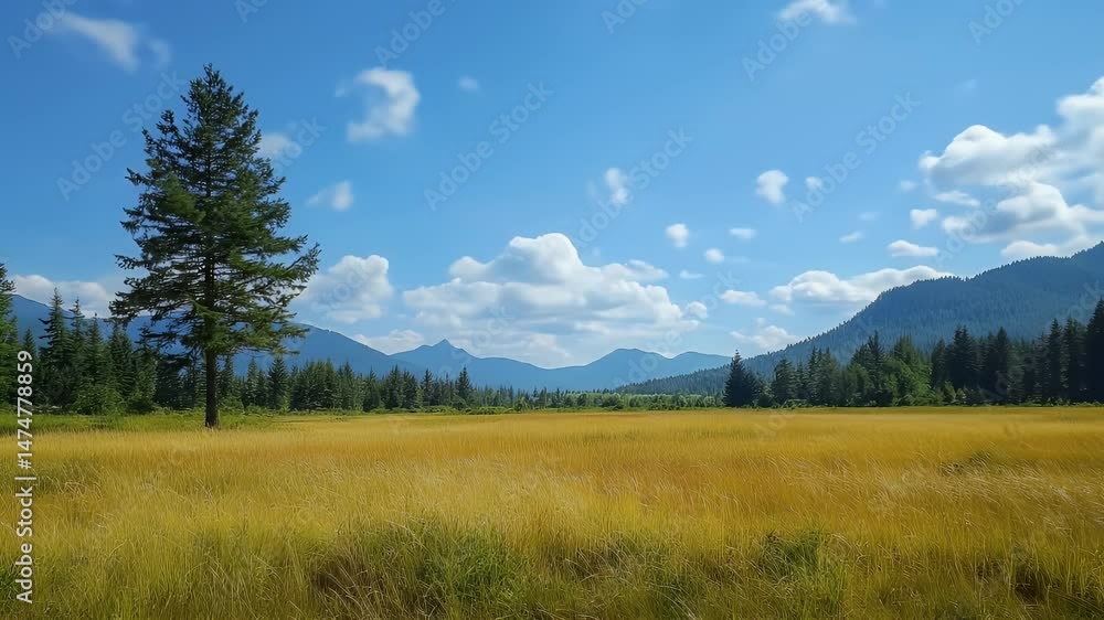 Golden Wheat Field Under a Sunny Blue Sky with Distant Mountains and Trees Peaceful Nature Landscape Golden Wheat Field Under a Sunny Blue Sky with Distant Mountains and Trees Peaceful Nature Landscape