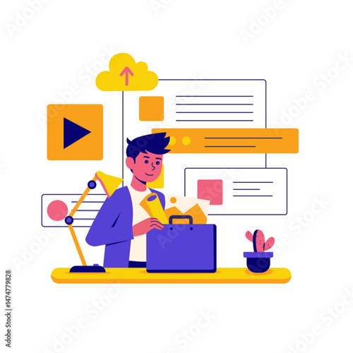 The flat animation represents a content manager overseeing digital content strategy and workflow. The scene features a professional managing various media elements, including text, images, and videos,
