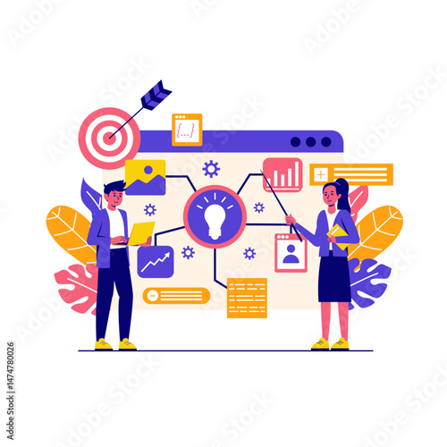 digital strategy, featuring two professionals analyzing and planning digital solutions. The background includes interconnected elements such as graphs, target icons, gears, and documents, symbolizing 