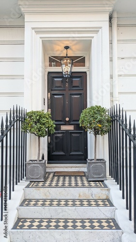 Classic Georgian Victorian black wooden door with checkerboard tiles, potted plants and fence. London