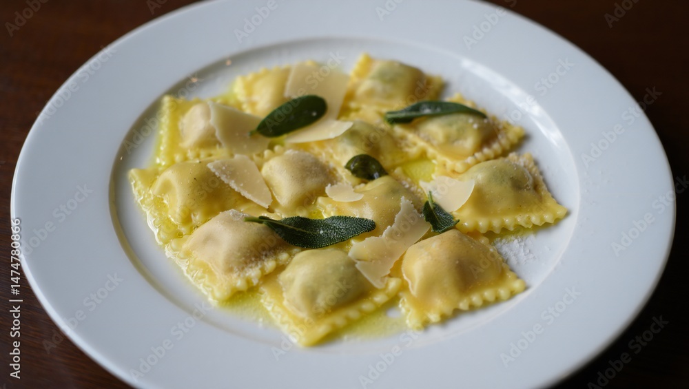 Delicious Sage and Cheese Ravioli Pasta Dish on White Plate Delicious Sage and Cheese Ravioli Pasta Dish on White Plate