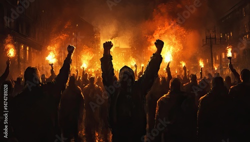 A night of protest,  flames illuminating a crowd of protestors, hands raised in defiance
