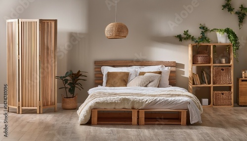 bedroom containing bed shelves and a folding screen