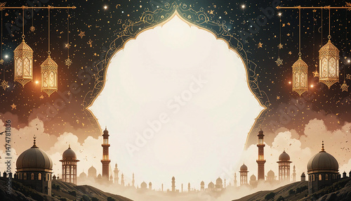 Ornate archway with hanging lanterns overlooking a cityscape under a starry sky