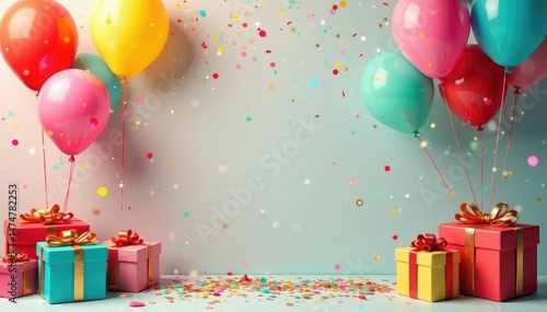 Joyful celebration, colorful balloons, confetti, presents, festive decorations , holiday, cake