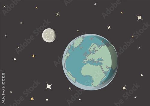 Earth and Moon in outer space vector illustration with stars and cosmic background. Ideal for astronomy, science, space exploration, and educational or futuristic designs.