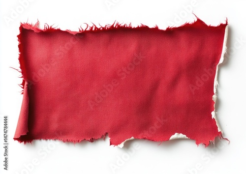 A ripped piece of red fabric, with frayed edges, against a white background.  The fabric has a textured surface