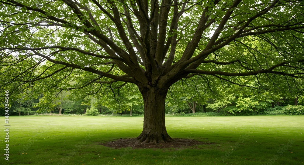 Fototapeta premium Majestic Tree with Spreading Branches on Green Lawn