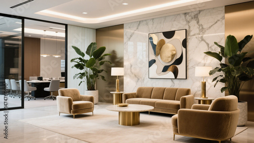 Lavish office waiting area with velvet seating, abstract marble wall art, and brass accents. Ideal for high-end office design and luxurious waiting room concepts.


